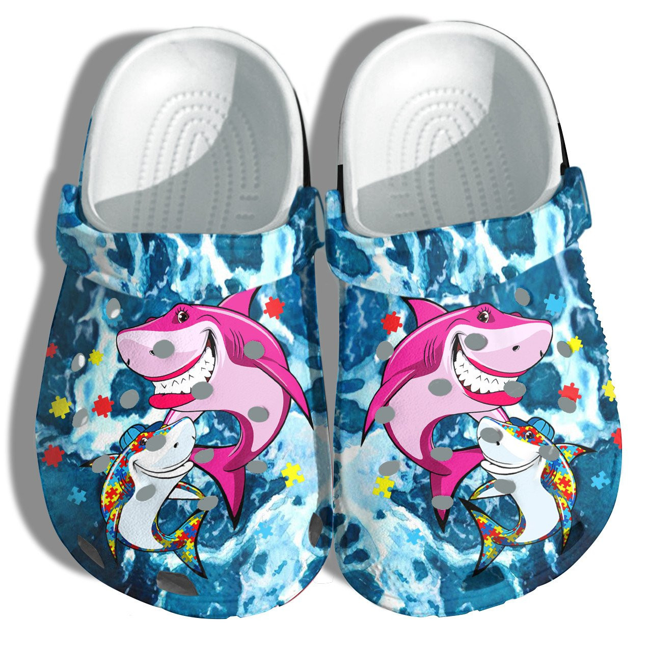 Autism Shark Mom And Shark Baby Beach Crocs Shoes - Autism Awareness Shark Ocean Blue Crocs Shoes Croc Clogs