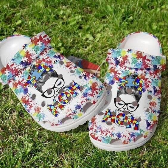 Autism Awareness Day Autism Mom Messy Bun Puzzle Pieces Paint Color Crocband Clog Crocs Shoes