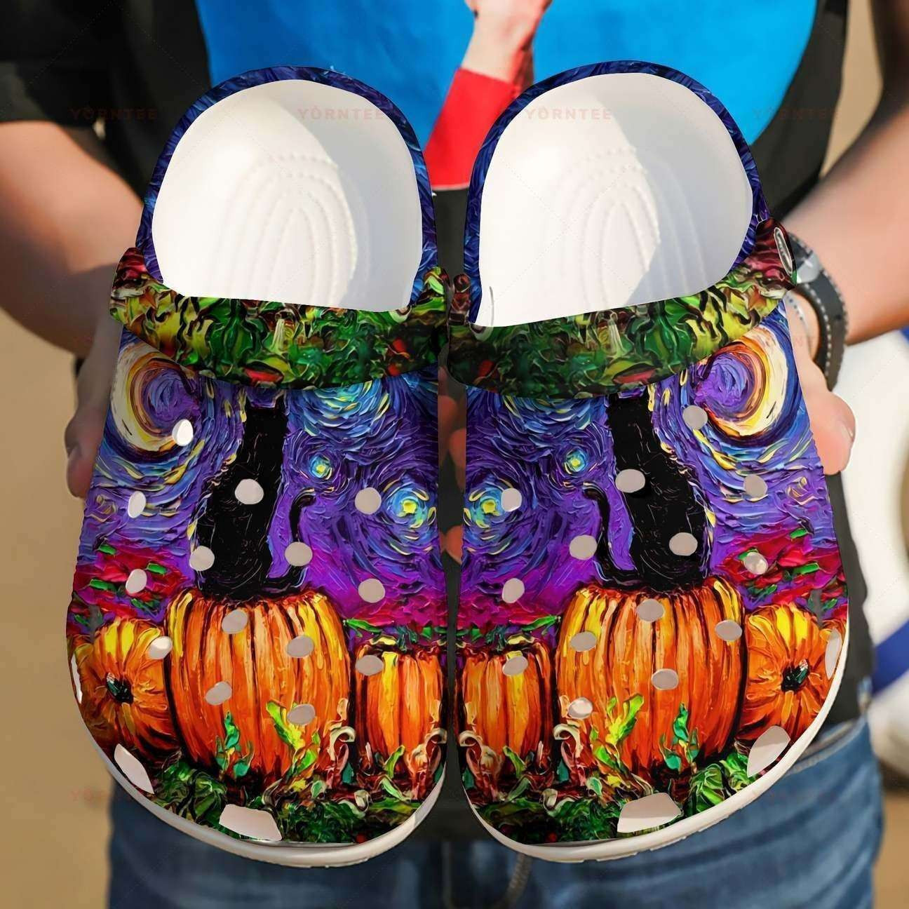 Halloween Black Cat Van Gogh Crocband Clogs