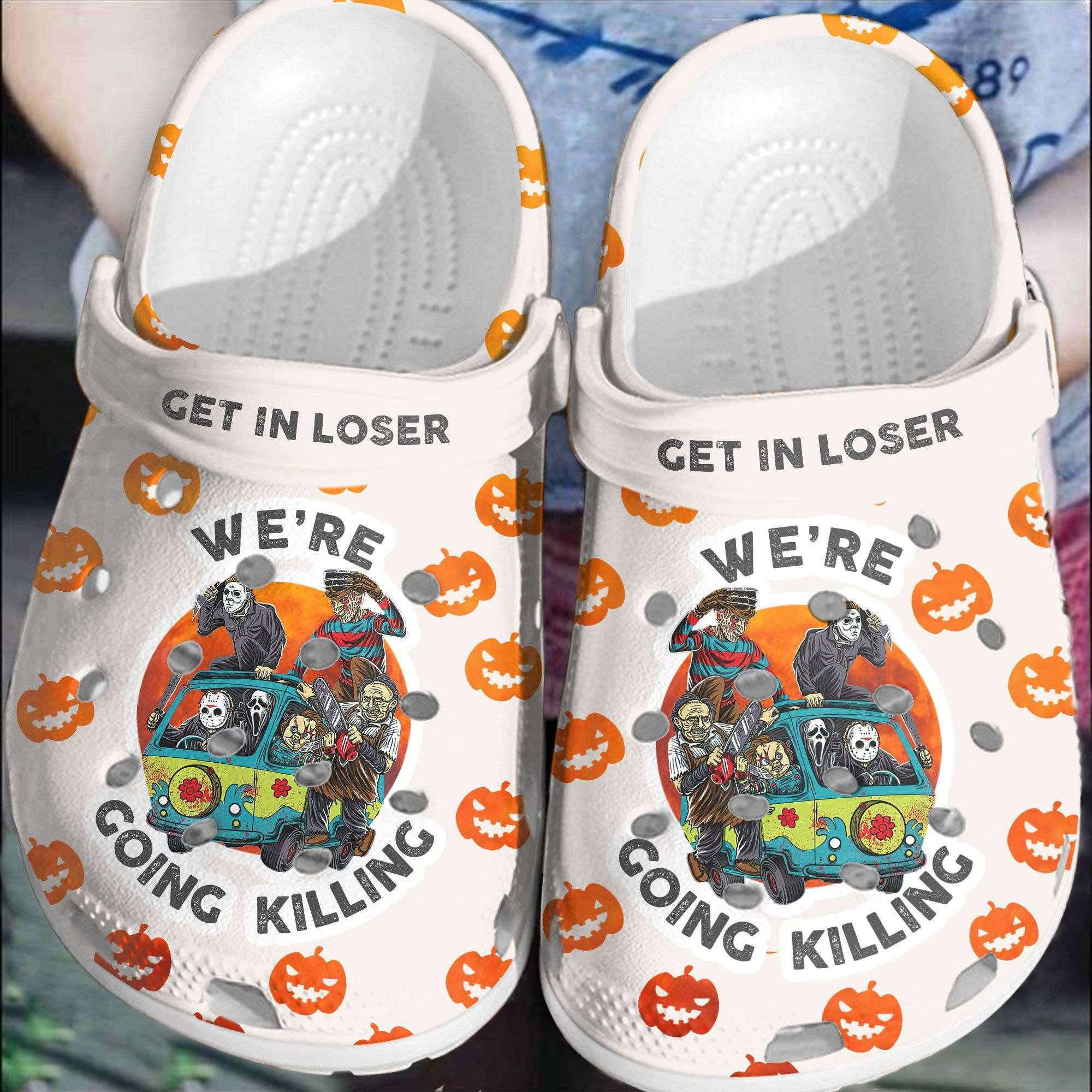 Halloween Pumkin Get In Loser Killing Characters On Hippie Van Crocband Clogs