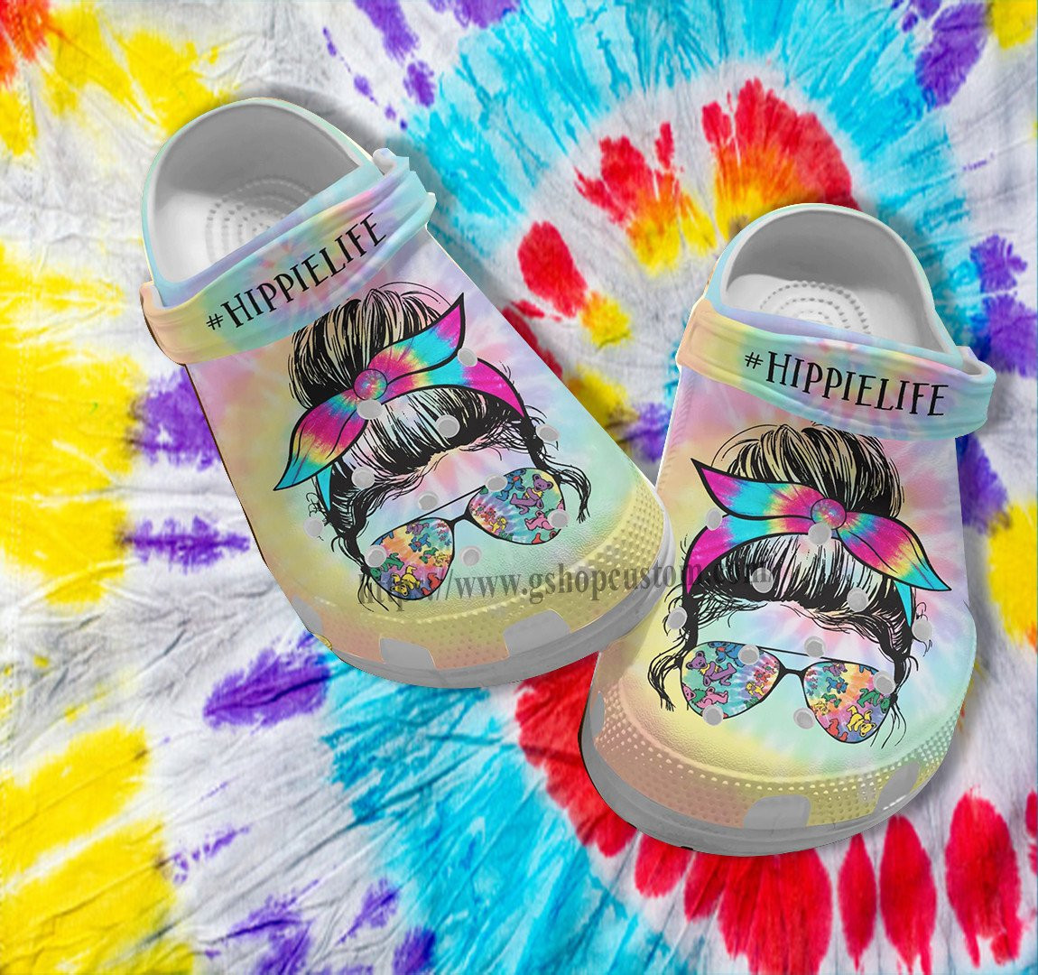 Hippie Life Girl Glasses Croc Crocs Shoes Gift Mommy- Hippie Rainbow Crocs Shoes Croc Clogs Customize Mother Day Gift