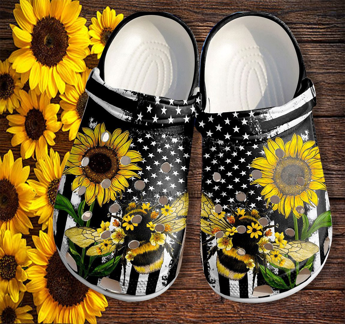 Bee Sunflower America Flag Crocs Shoes Gift Women Mother Day- 4Th Of July Bee Kind Crocs Shoes Croc Clogs