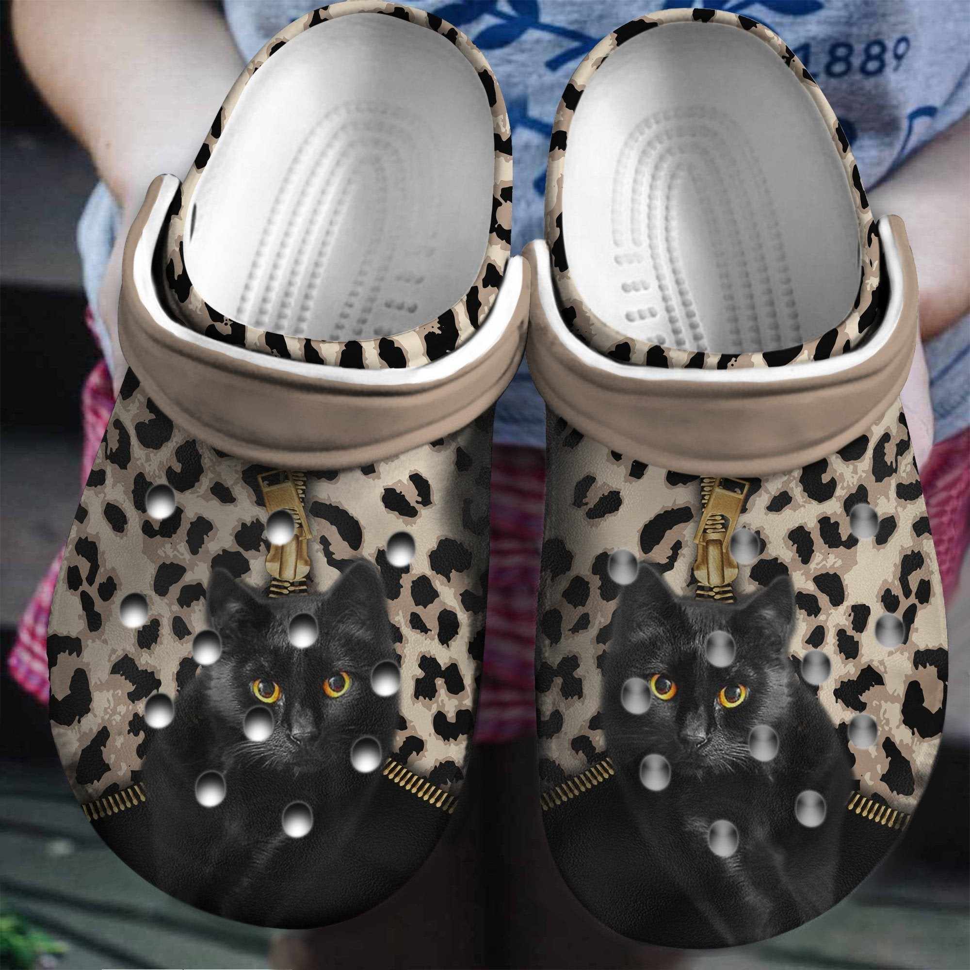 Black Cat Zipper Leopard Crocs Shoes clogs Gifts For Men Women