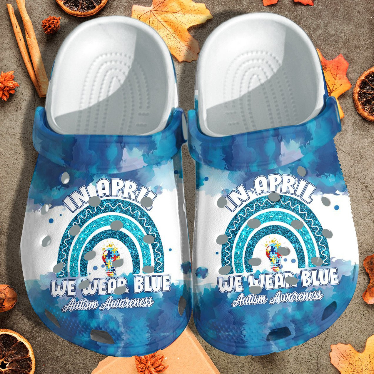In April We Wear Blue Crocs Shoes - Autism Awareness Light Rainbow Blue Crocs Shoes Croc Clogs