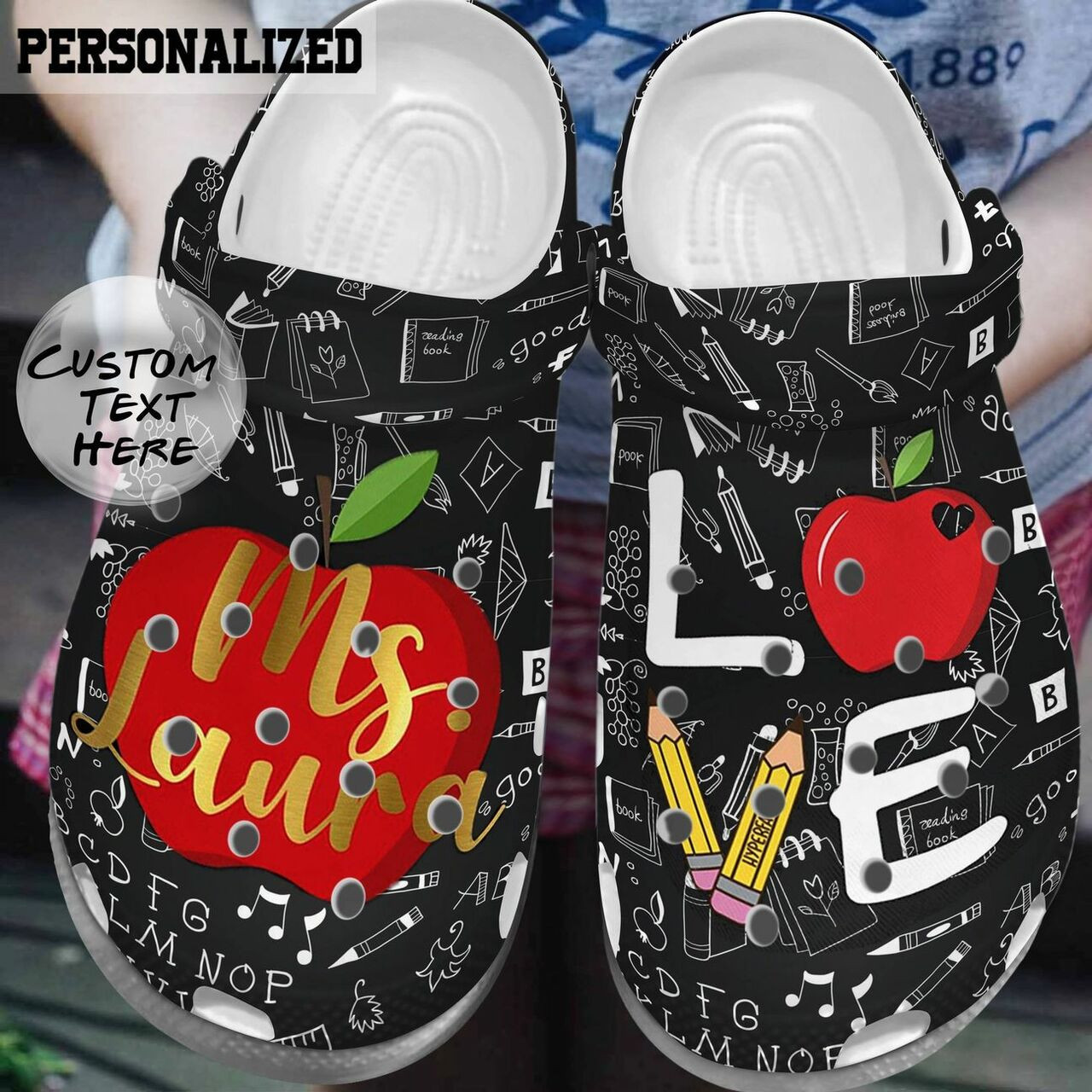 Love Teacher Pattern Custom Name Crocband Clog Crocs Shoes For Men Women