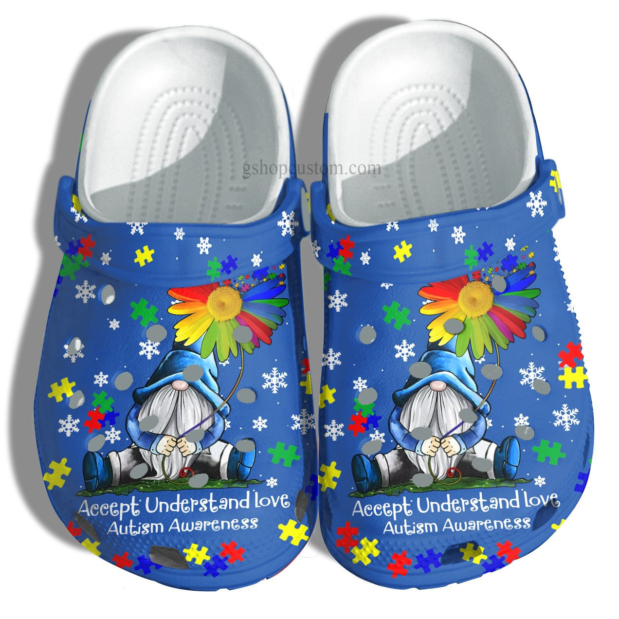 Gnomies Wear Blue Daisy Flower Autism Crocs Shoes - Accept Understand Love Autism Crocs Shoes Croc Clogs