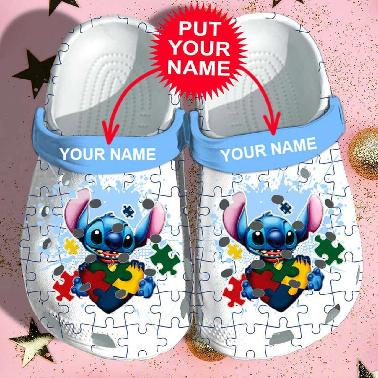 Custom Name Autism Awareness Day Stitch Puzzle Pieces Crocband Clog Crocs Shoes