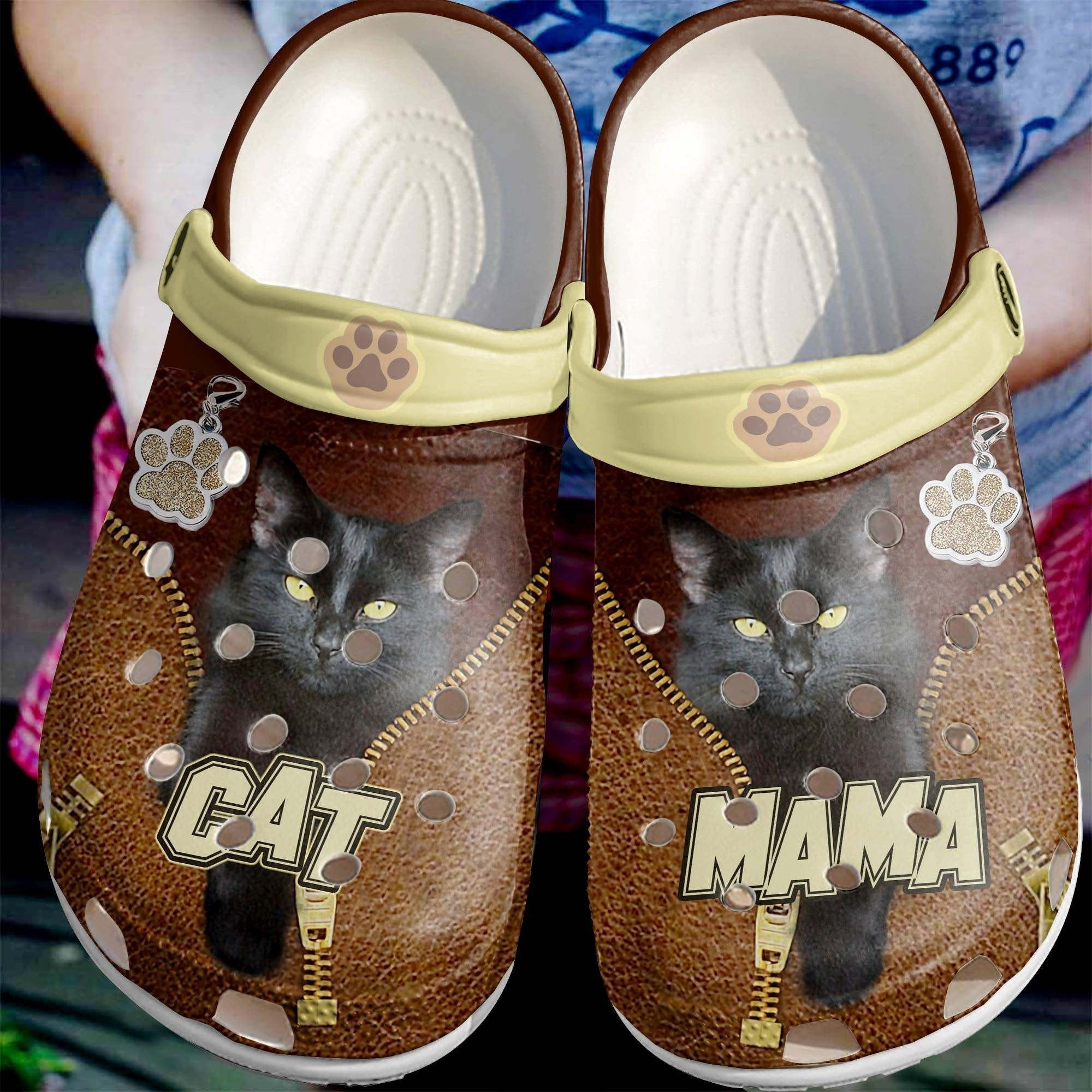 Black Cat Mama Leather Zipper Crocs Shoes Clog Gift For Female