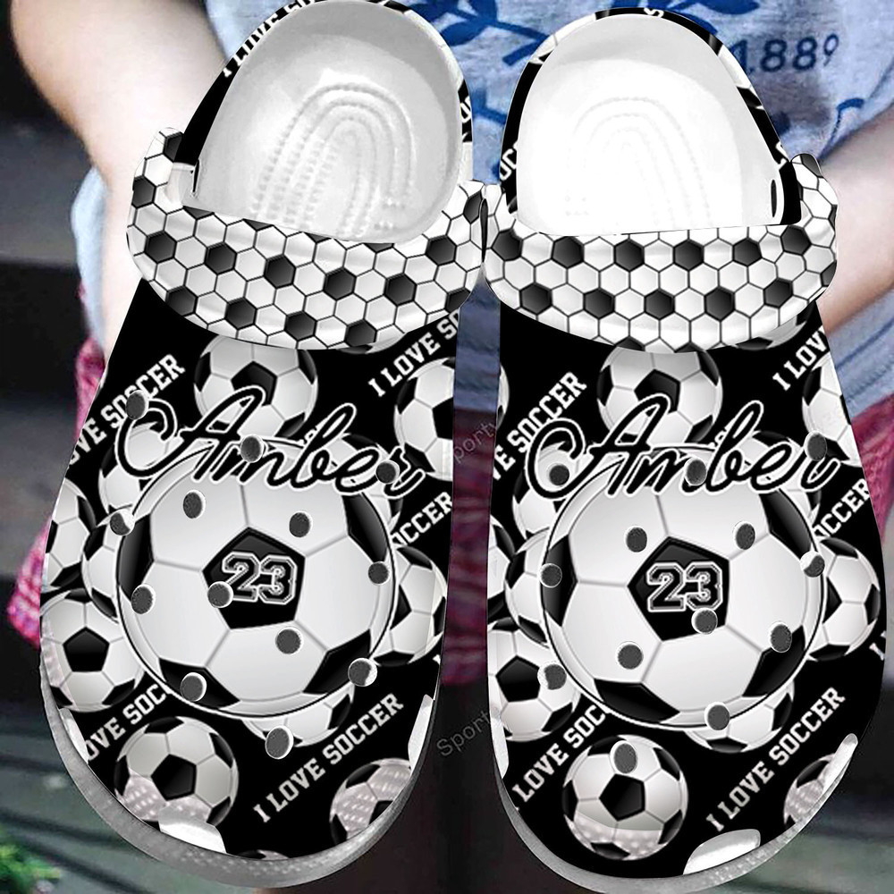 Custom Name And Number Black White Soccer Clogs Crocs Shoes