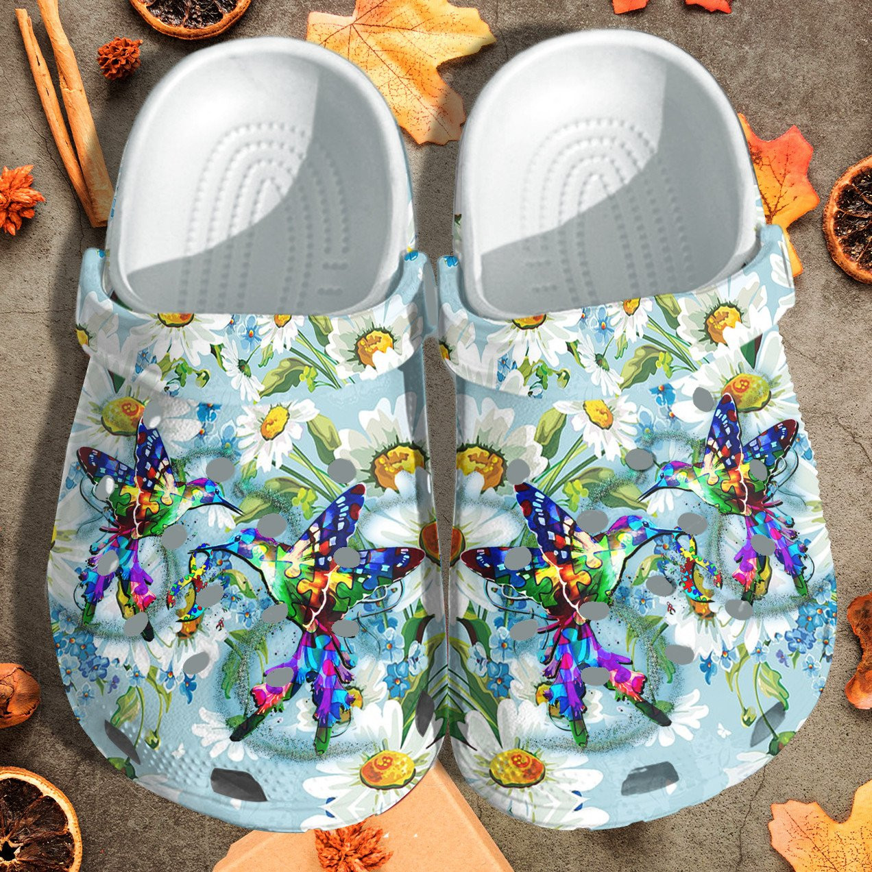 Humming Birds Autism Daisy Flower Style Crocs Shoes - Autism Awareness Crocs Shoes Croc Clogs Gifts For Women Girl