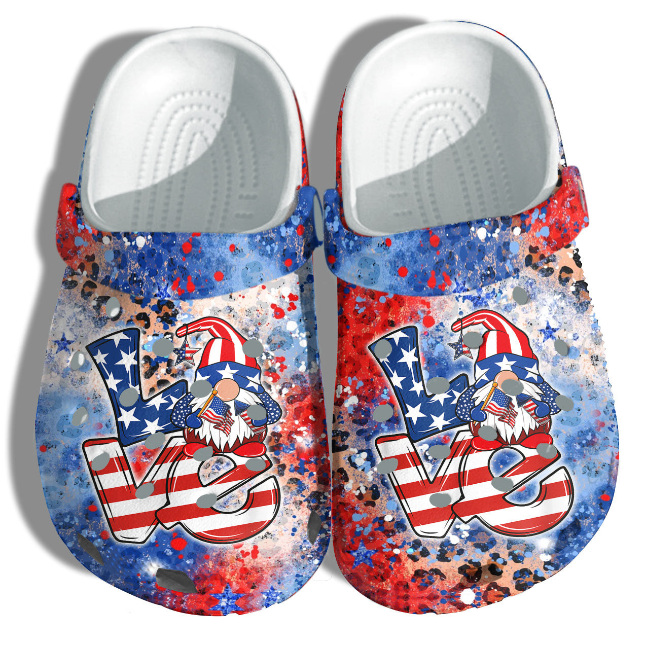 Gnomes Love Sign 4Th Of July Crocs Clog Shoes Gift Women - Tie Dye Leopard Happy National Day America Flag Crocs Clog Shoes Birthday Gift