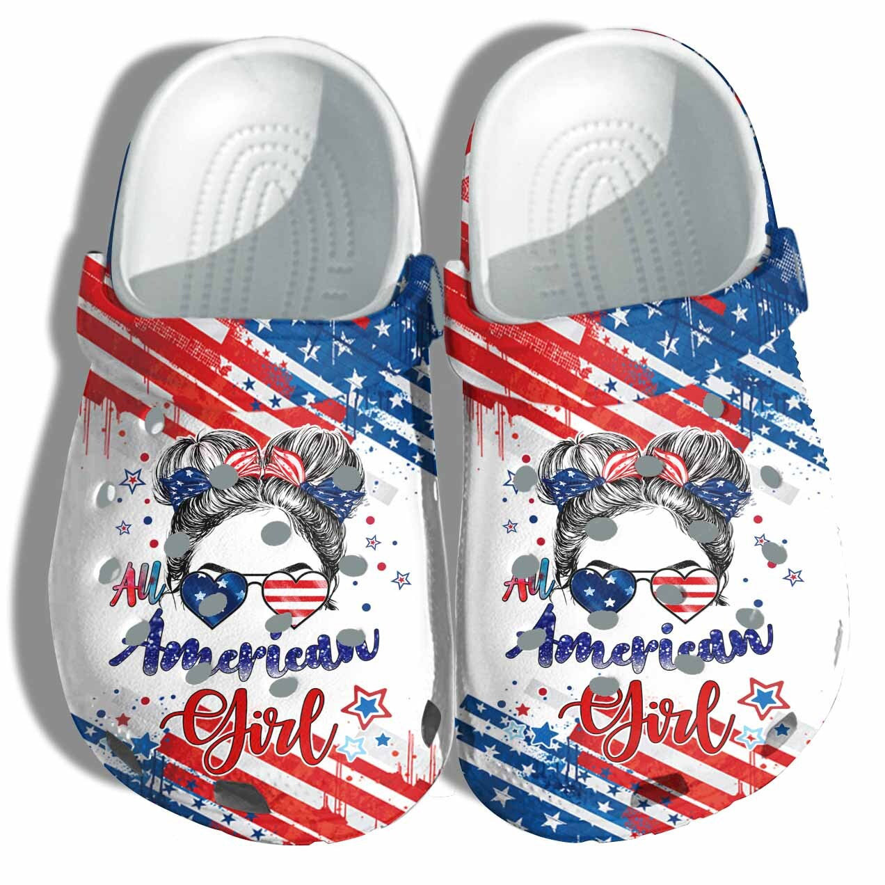 All American Girl America Flag Crocs Clog Shoes Gift Women - Messy Bun Girl Party 4Th Of July Crocs Clog Shoes Birthday Day Gift