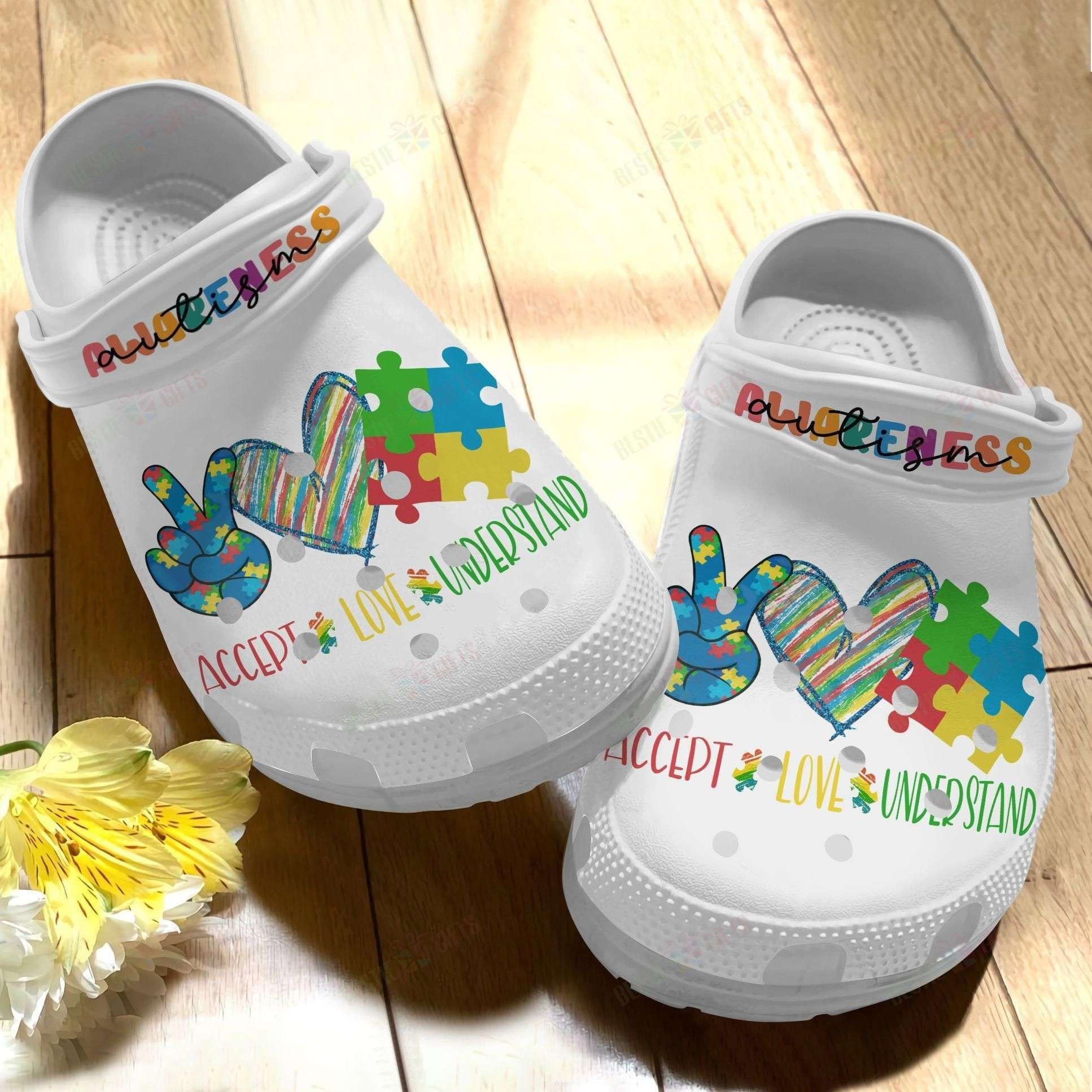 Autism Awareness Day Accept Understand Love Puzzle Pieces Crocband Clog Crocs Shoes