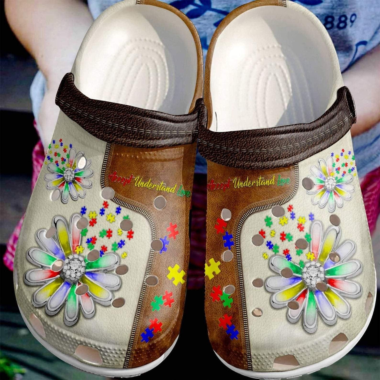 Accept Understand Love Autism Awareness Crocs Shoes Clogs - Sunflower Puzzle Custom Crocs Shoes