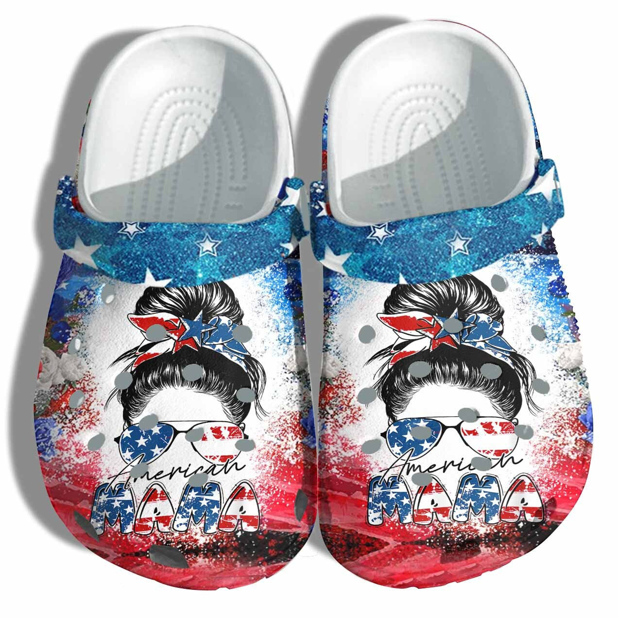 Mama America 4Th Of July Crocs Clog Shoes Gift Women - Messy Bun Lady Mom America Flag Twinkle Mother Crocs Clog Shoes Thanksgiving Gift