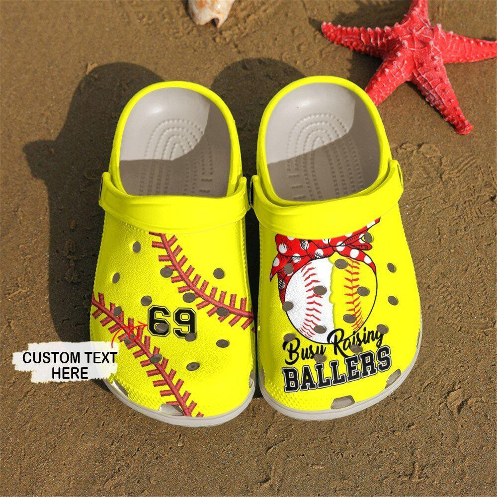 Custom Number Busy Raising Ballers Softball Baseball Mom Yellow Clogs Crocs Shoes