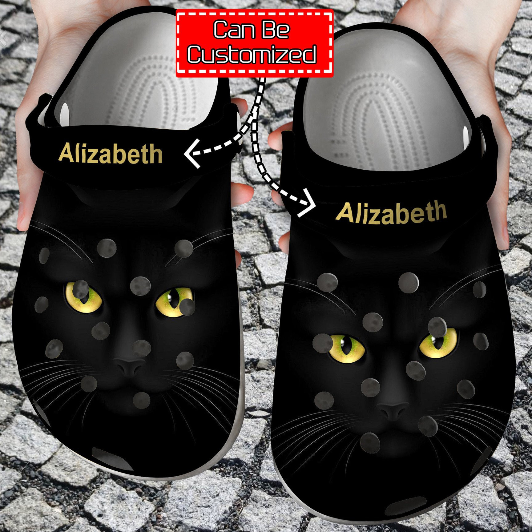 Black Cat Face Print Personalized Clogs Crocs Shoes With Your Name Cat