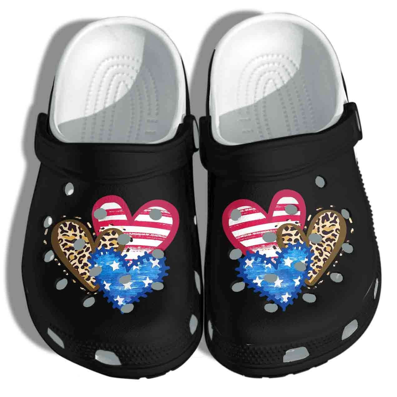 Leopard American Flag Hearts 4Th Of July Crocband Clogs