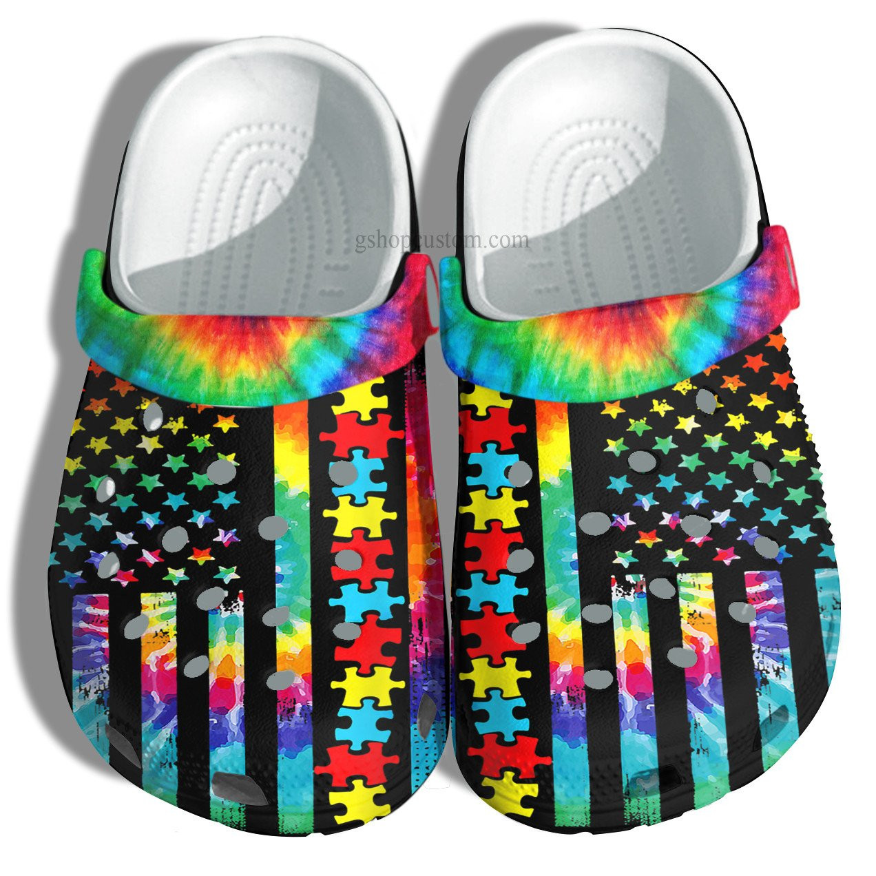 Autism Awareness Usa Flag Puzzle Crocs Shoes Gift For Son Daughter - Hippie America Flag Autism Crocs Shoes Croc Clogs