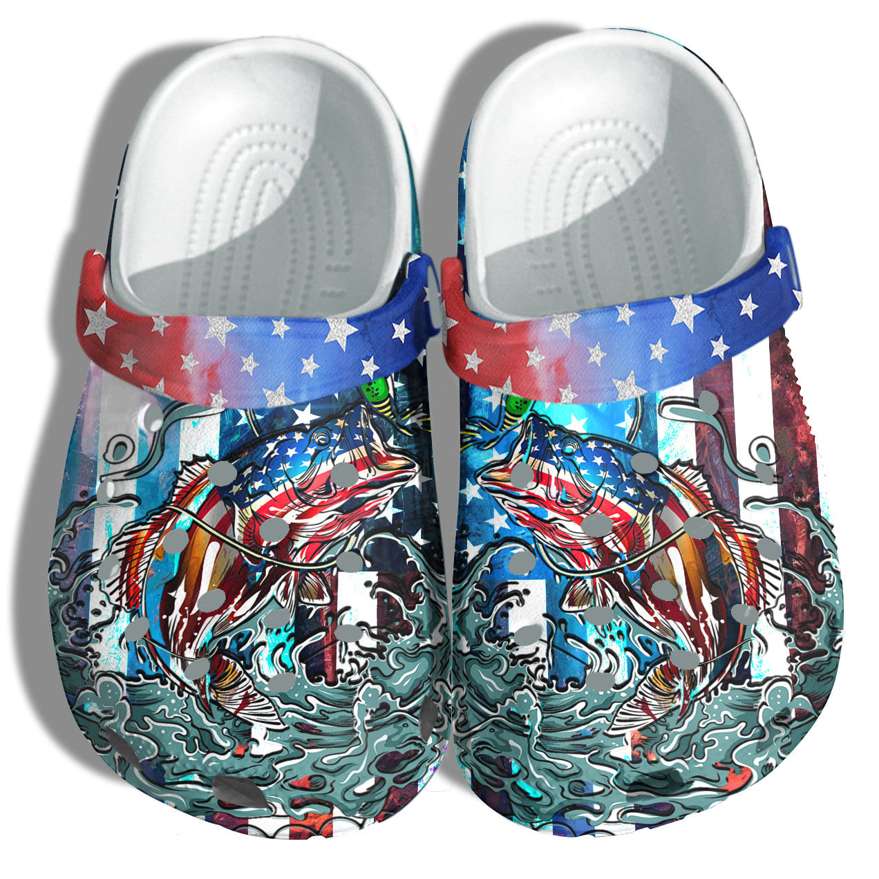 Bass Fishing Ocean America Flag Crocs Clog Shoes Gift Step Dad - Hook Fishing Beach Camping 4Th Of July Crocs Clog Shoes Gift Father Day