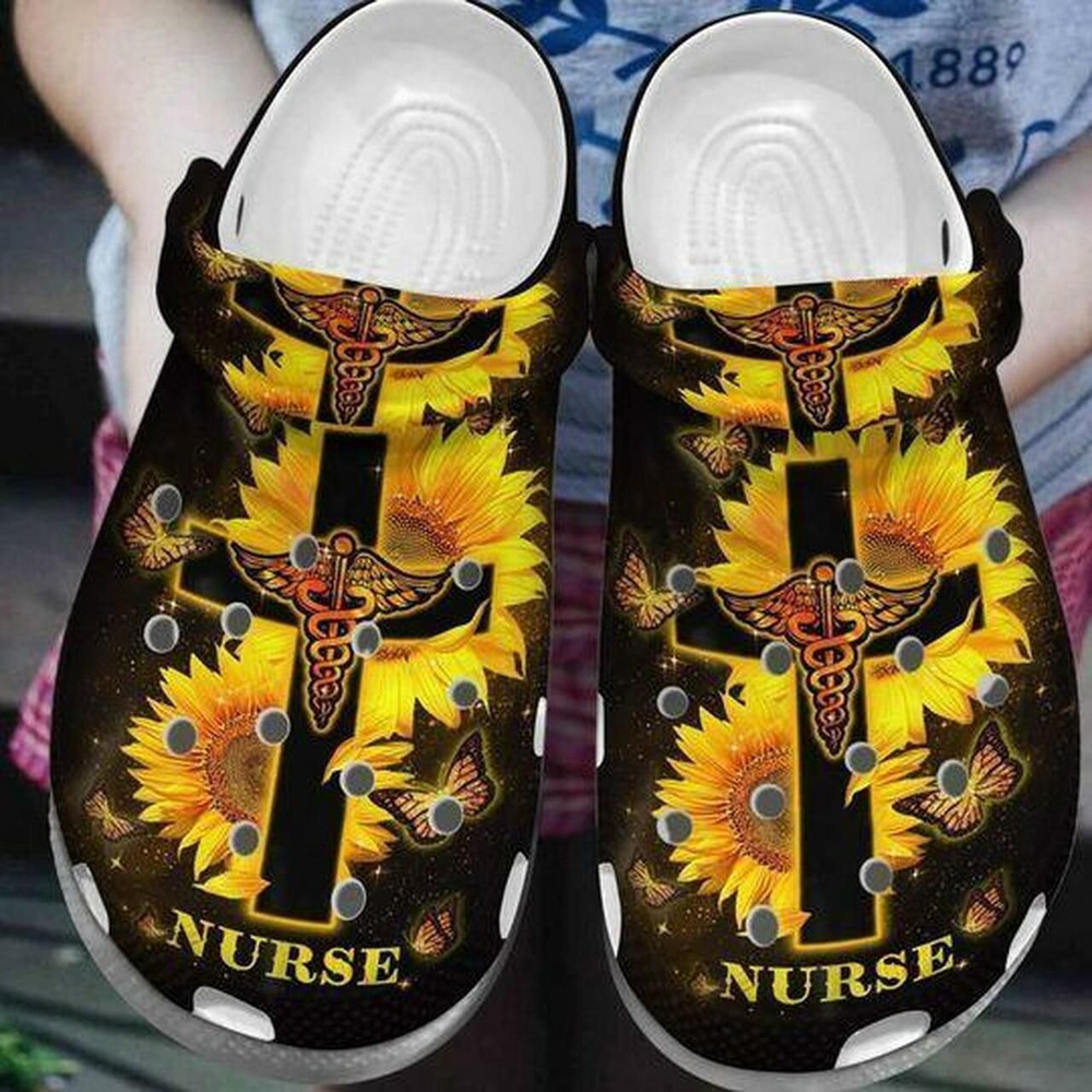 Nurse Icon Medical Sunflower Cross Personalized 10 Gift For Lover Rubber clog Crocs Shoes