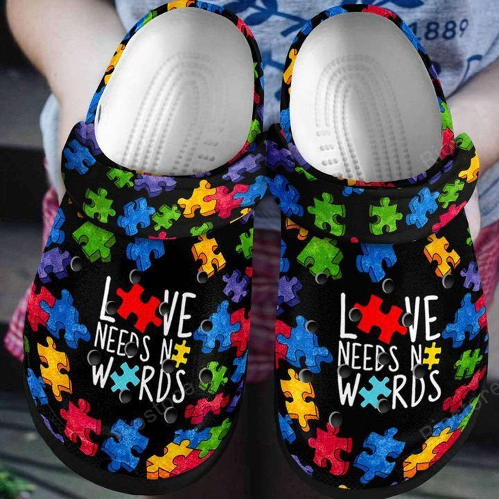 Autism Awareness Day Love Needs No Words Puzzle Piece Crocband Clog Crocs Shoes