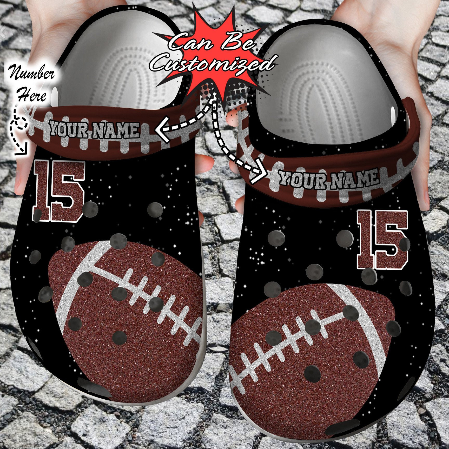 Custom Name Number Football Glitter clog Crocs Shoes Football