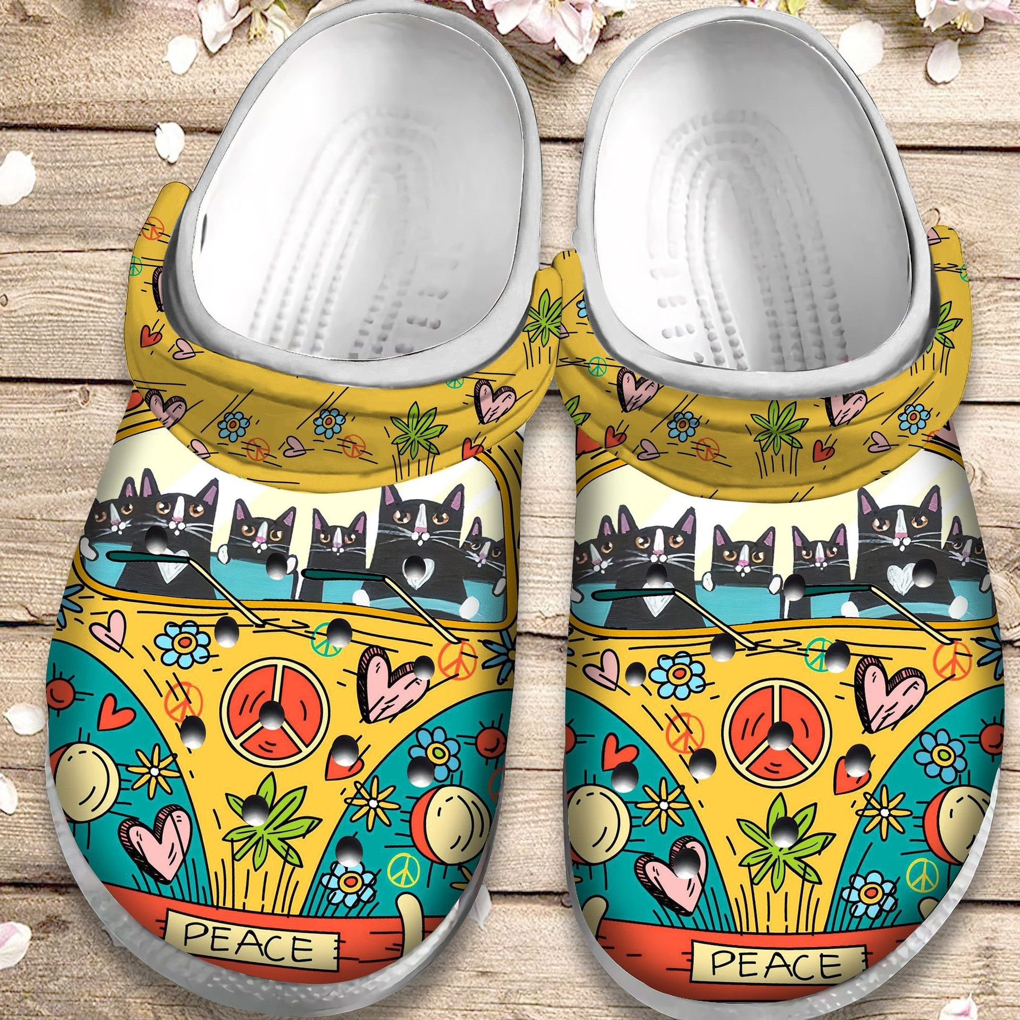 Hippie Cats Custom Crocs Clog Shoes - Peace Hippie Outdoor Crocs Clog Shoes Birthday Gift For Boy Girl Daughter Son