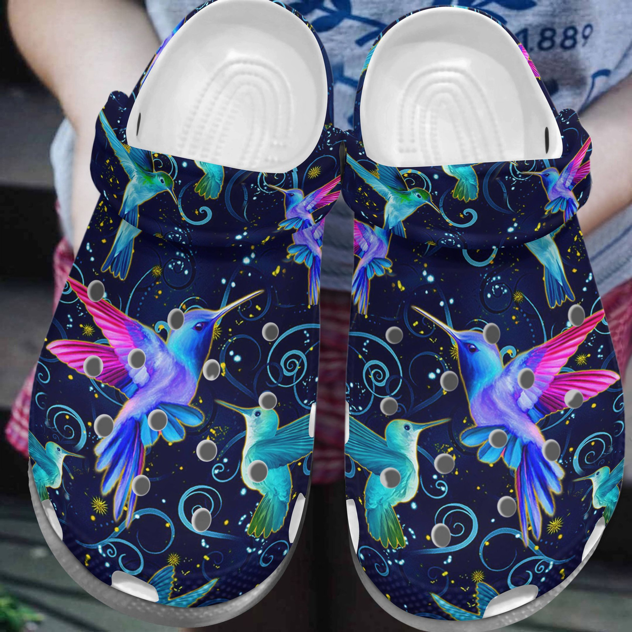 Hummingbirds In The Night Light Crocs Clog Shoes - Hummingbird Flower Couple Outdoor Crocs Clog Shoes Birthday Gift For Women Men