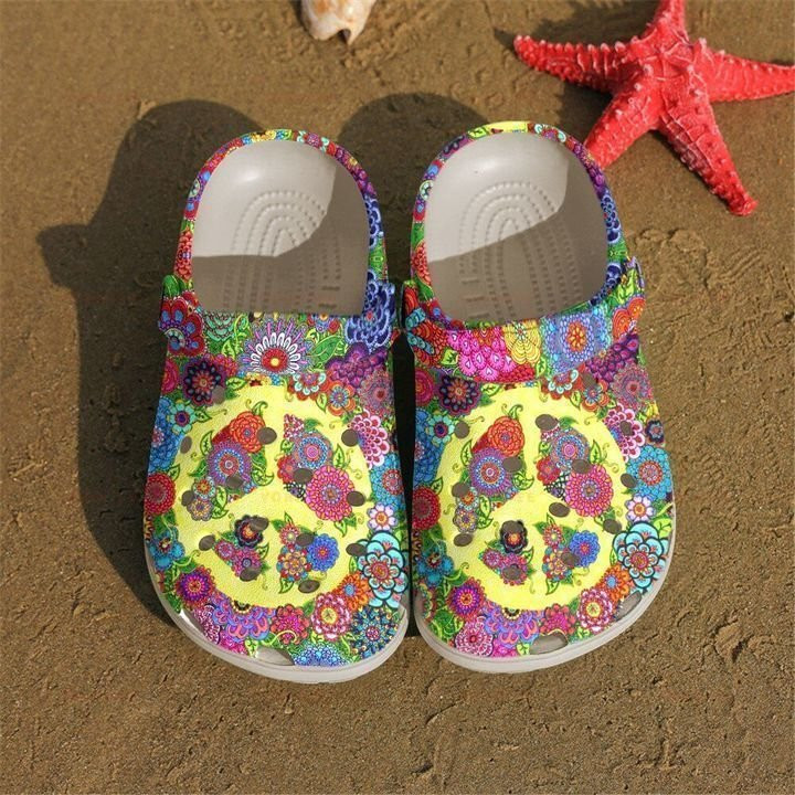 Frog Hippie Floral Sign 5 Gift For Lover Rubber clog Crocs Shoes