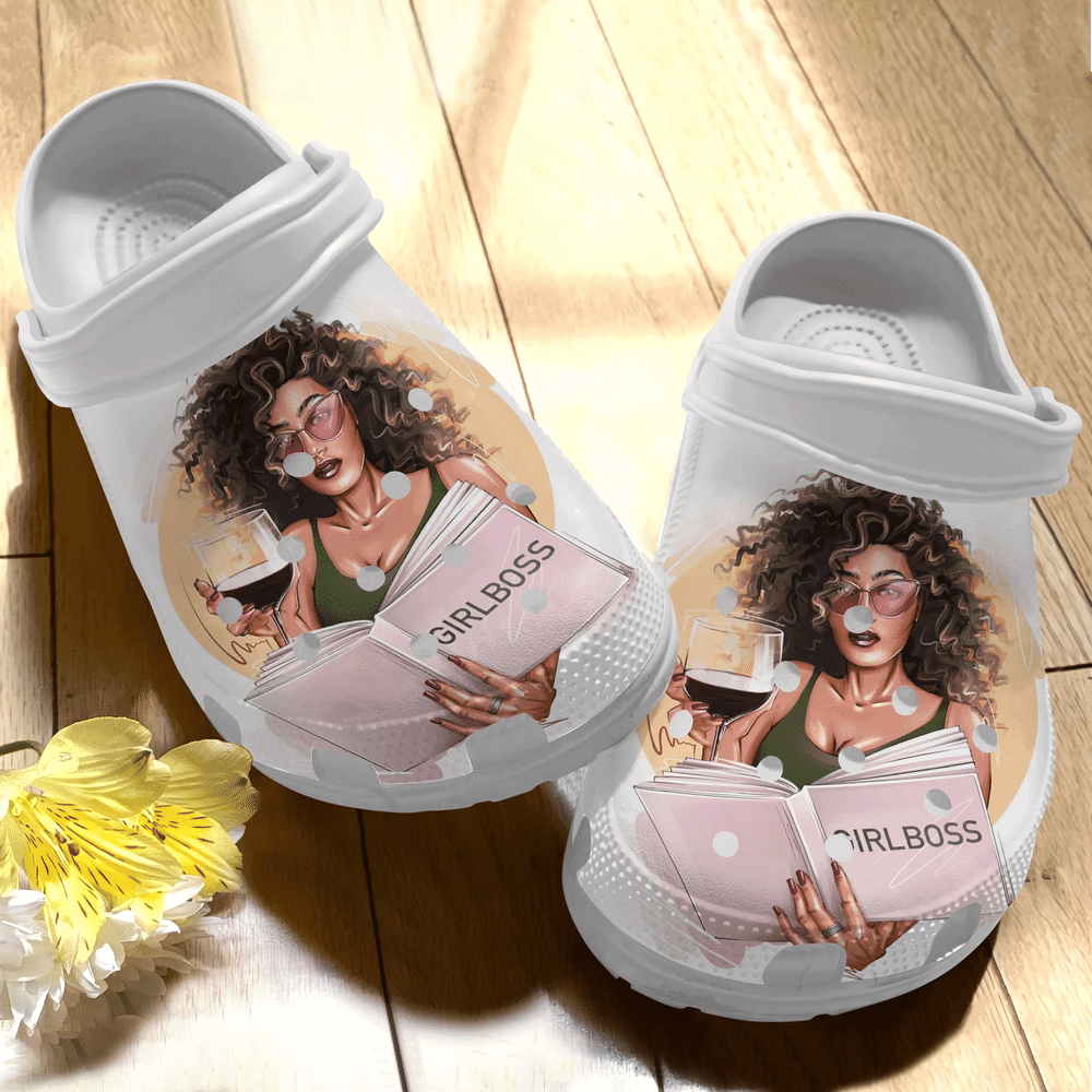 Black Girl Loves Book And Wine Gift For Lover Rubber clog Crocs Shoes