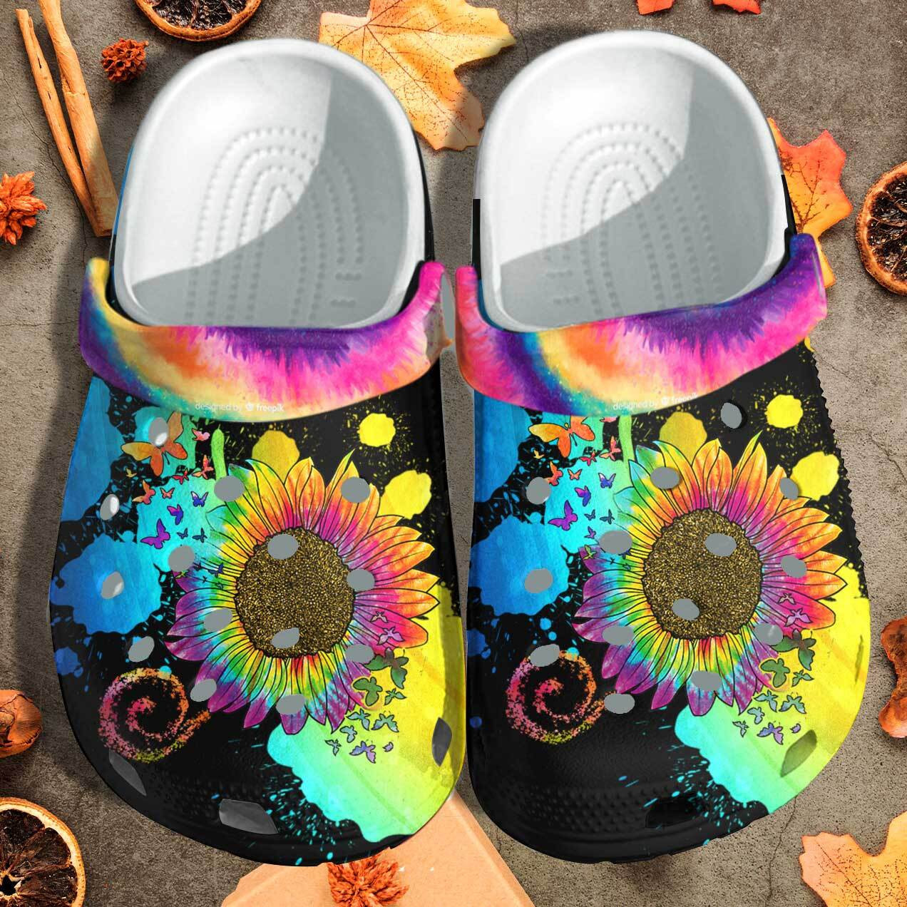 Colorful Sunflower Hippie Butterfly Custom Crocs Clog Shoes - Hippie Girl Outdoor Crocs Clog Shoes Gift For Women Mother Day Daughter