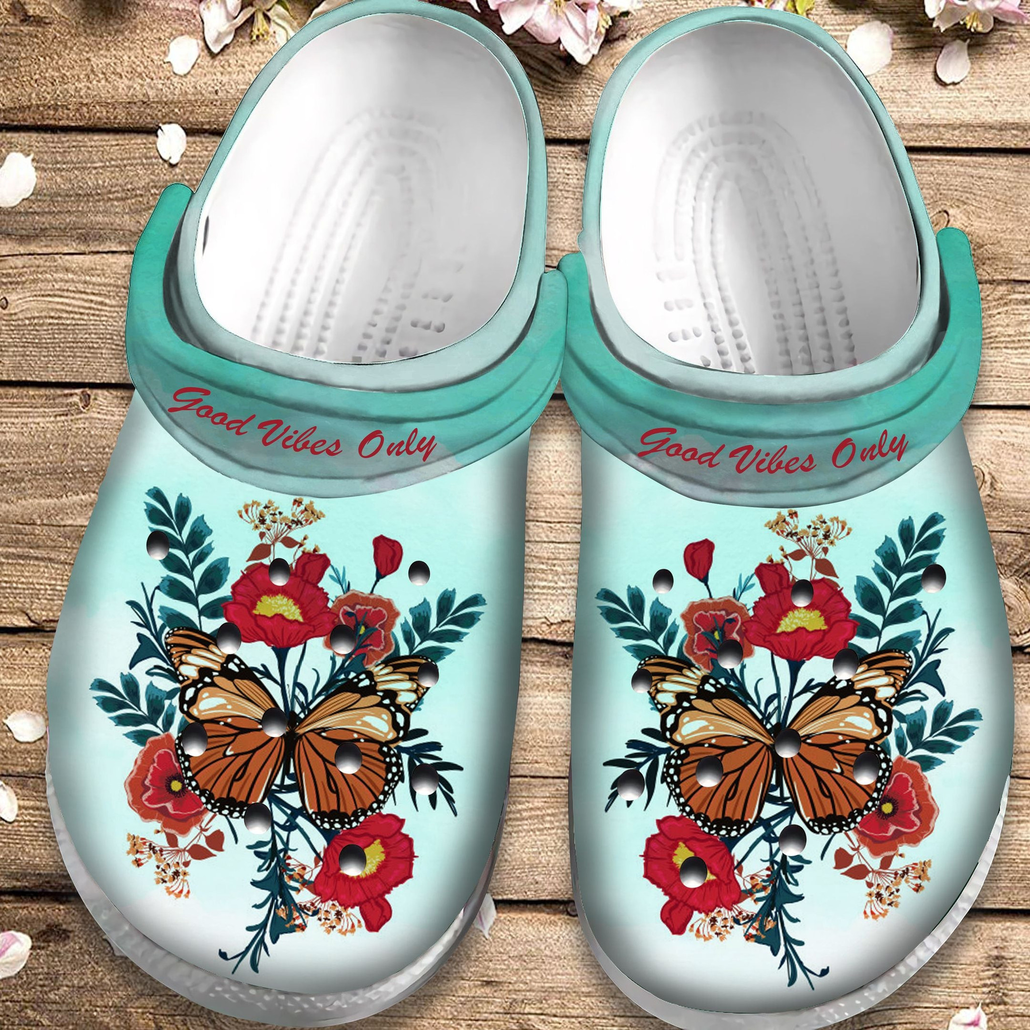 Good Vibes Only Crocs Clog Shoes - Red Flower And Butterfly Outdoor Crocs Clog Shoes Birthday Gift For Women Girl Mother Daughter Sister Friend