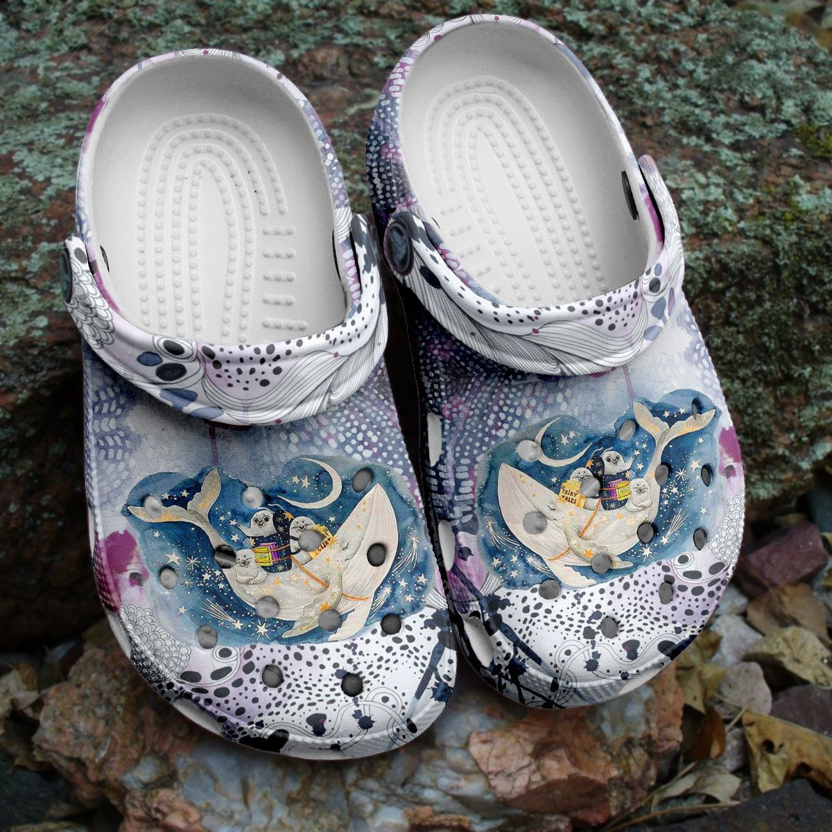 Hippie White Whale With Baby Seal Magic Ocean Crocs Shoes - Funny Cartoon Sea Crocs Shoes Crocbland Clog Birthday Gifts For Girl
