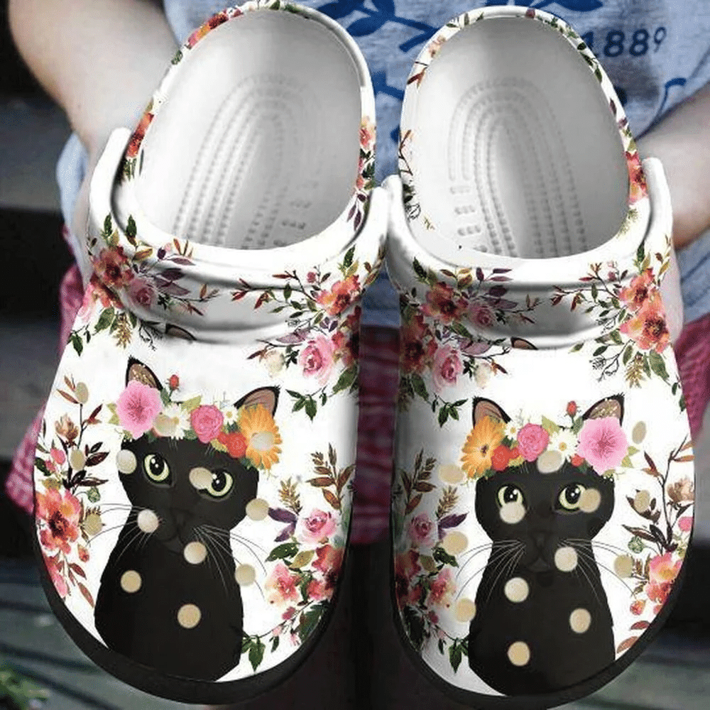 Black Cat Flower Personalized 6 Gift For Lover Rubber clog Crocs Shoes