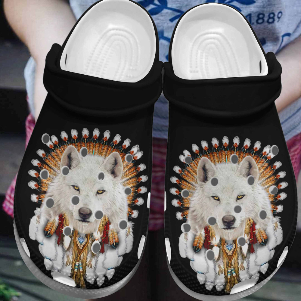 Native American Wolf Gift For Lover Rubber clog Crocs Shoes