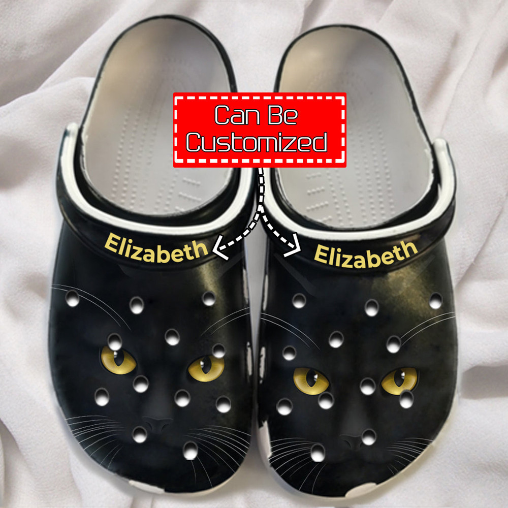 Cat - Black Cat Face Print Personalized Clogs Crocs Shoes With Your Name For Men And Women