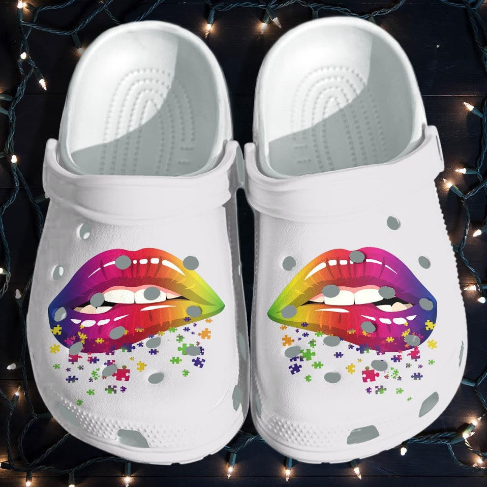 Lip Rainbow Puzzle Crocs Clog Shoes For Autism Girls - Autism Awareness Puzzle Cute Outdoor Crocs Clog Shoes Gifts Daughter Women