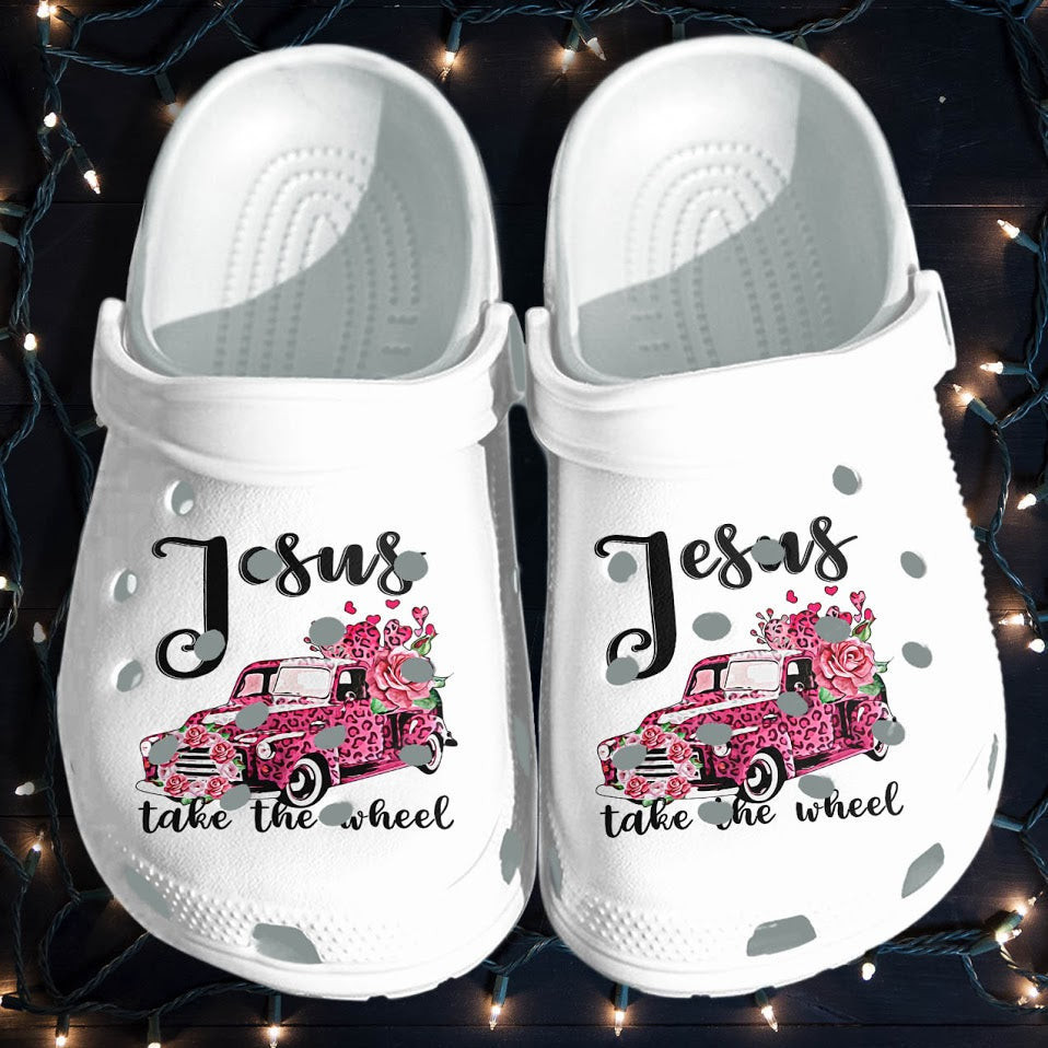 Jesus Faith Custom Crocs Clog Shoes - Jesus Take The Wheel Pink Car Outdoor Shoe Gifts For Mothers Day 2022