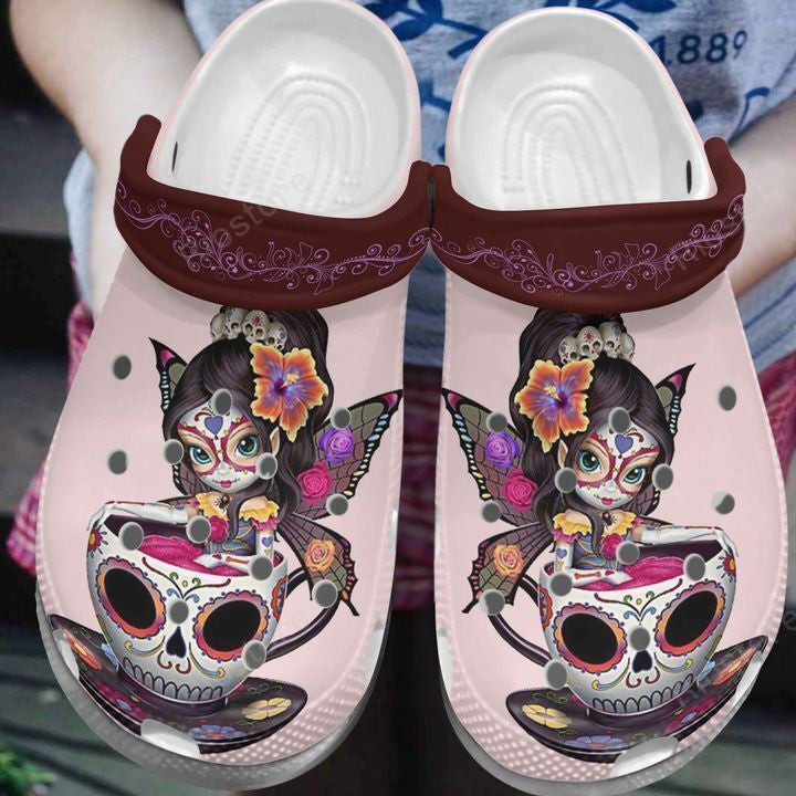 Girl In Skull Cup Crocs Shoes - Butterfly Girl Crocs Shoes Crocbland Clog Gifts For Girl Daughter Sister