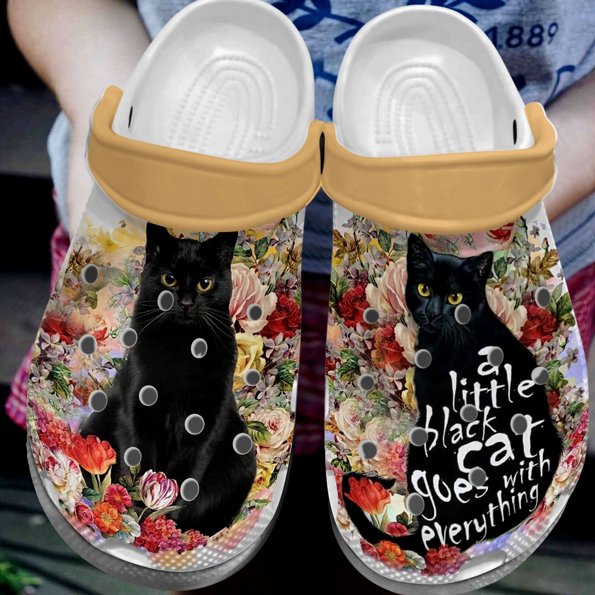 A Little Black Cat Goes With Everything Crocs Clog Shoes - Flower Cat Custom Shoe For Cat Lovers Birthday Gift For Women Girl