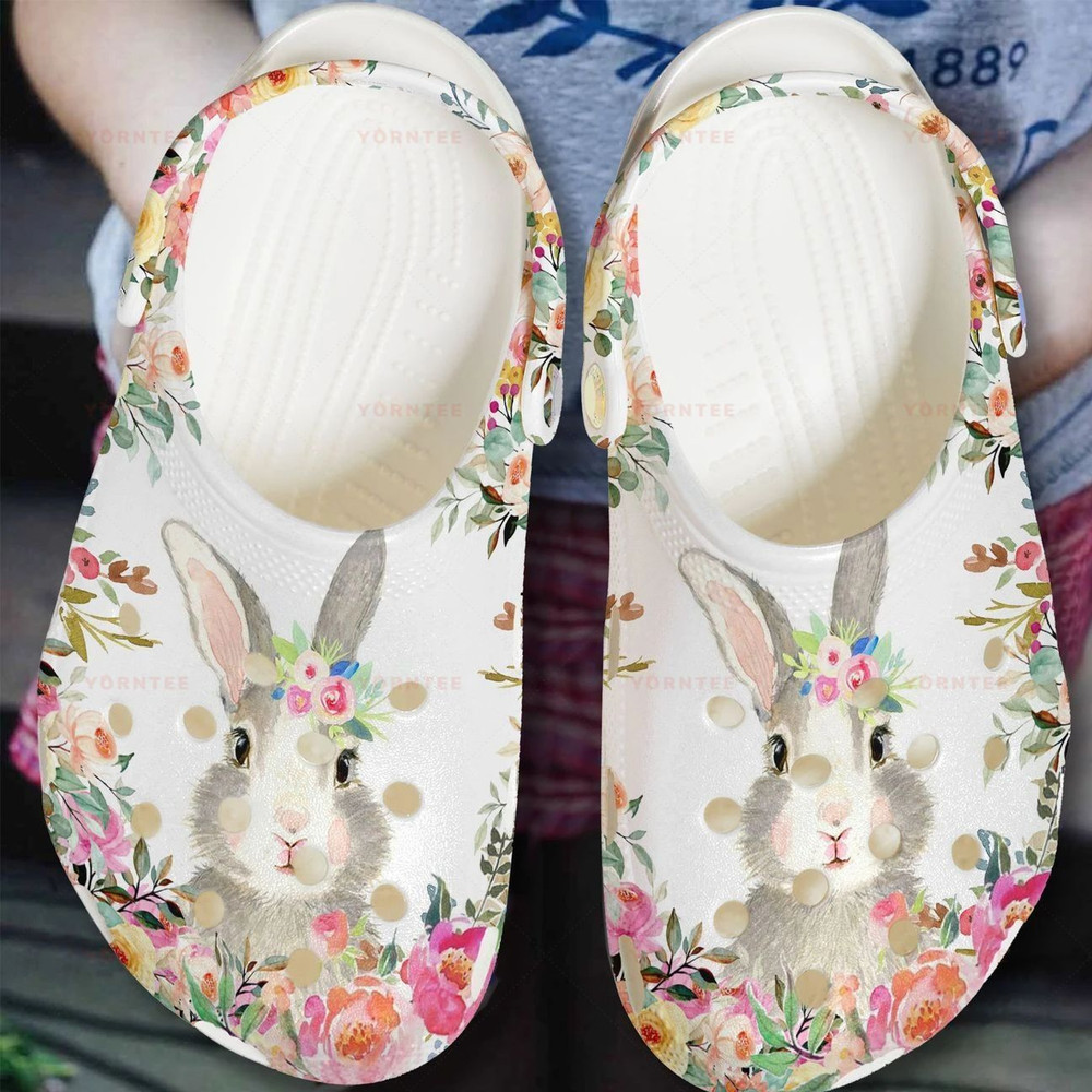 Custom Name Rabbit With Flowers Gift For Lover Rubber clog Crocs Shoes