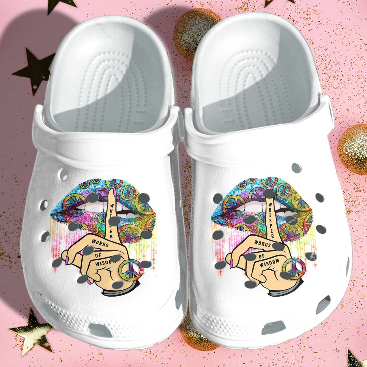 Hippie Rainbow Lip Peace Custom Crocs Clog Shoes - Hippie Girl Whisper Words Outdoor Crocs Clog Shoes Gifts For Women Girls
