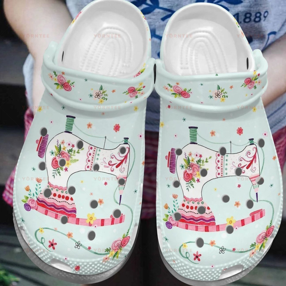 Custom Name Floral Sewing Machine 3 Gift For Lover Rubber clog Crocs Shoes