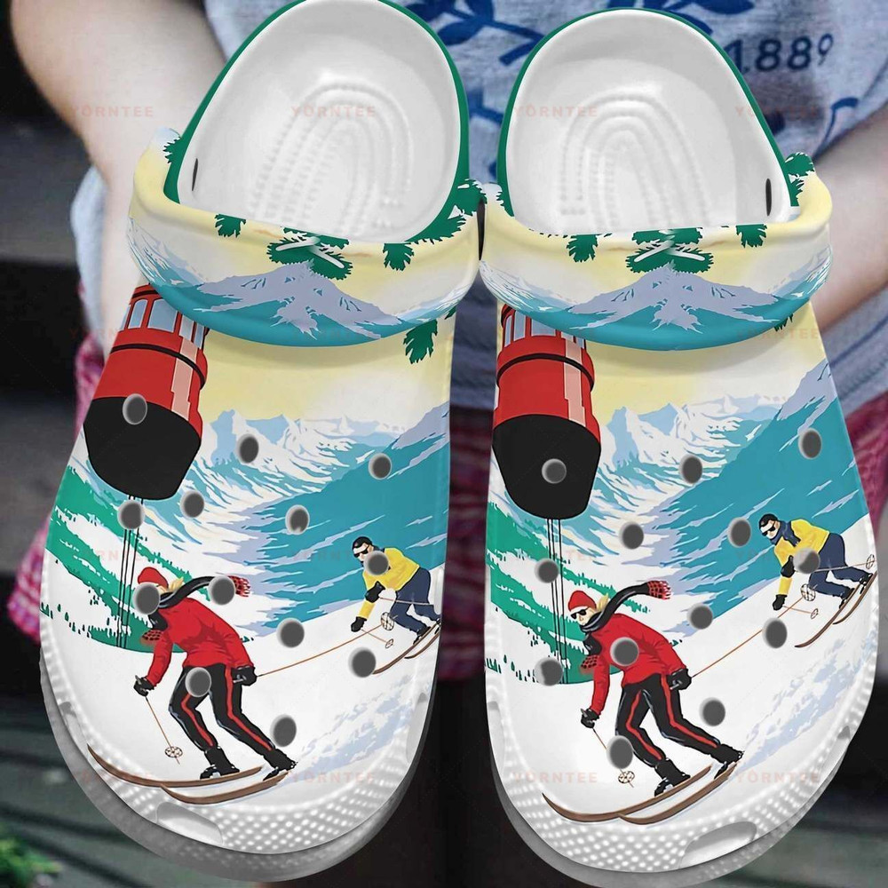 Couple Skiing Snow Mountain Gift For Lover Rubber clog Crocs Shoes