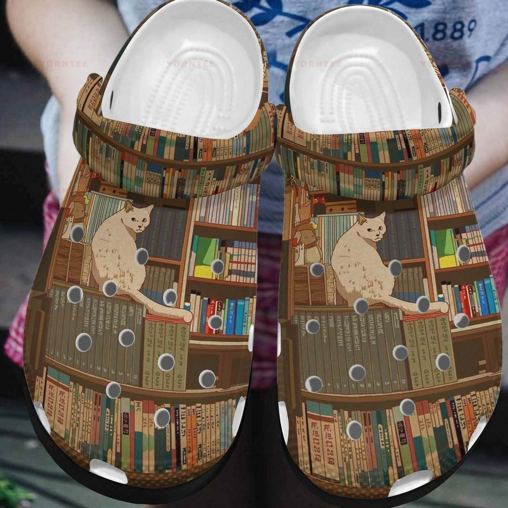 Bookshelf And White Cat Gift For Lover Rubber clog Crocs Shoes