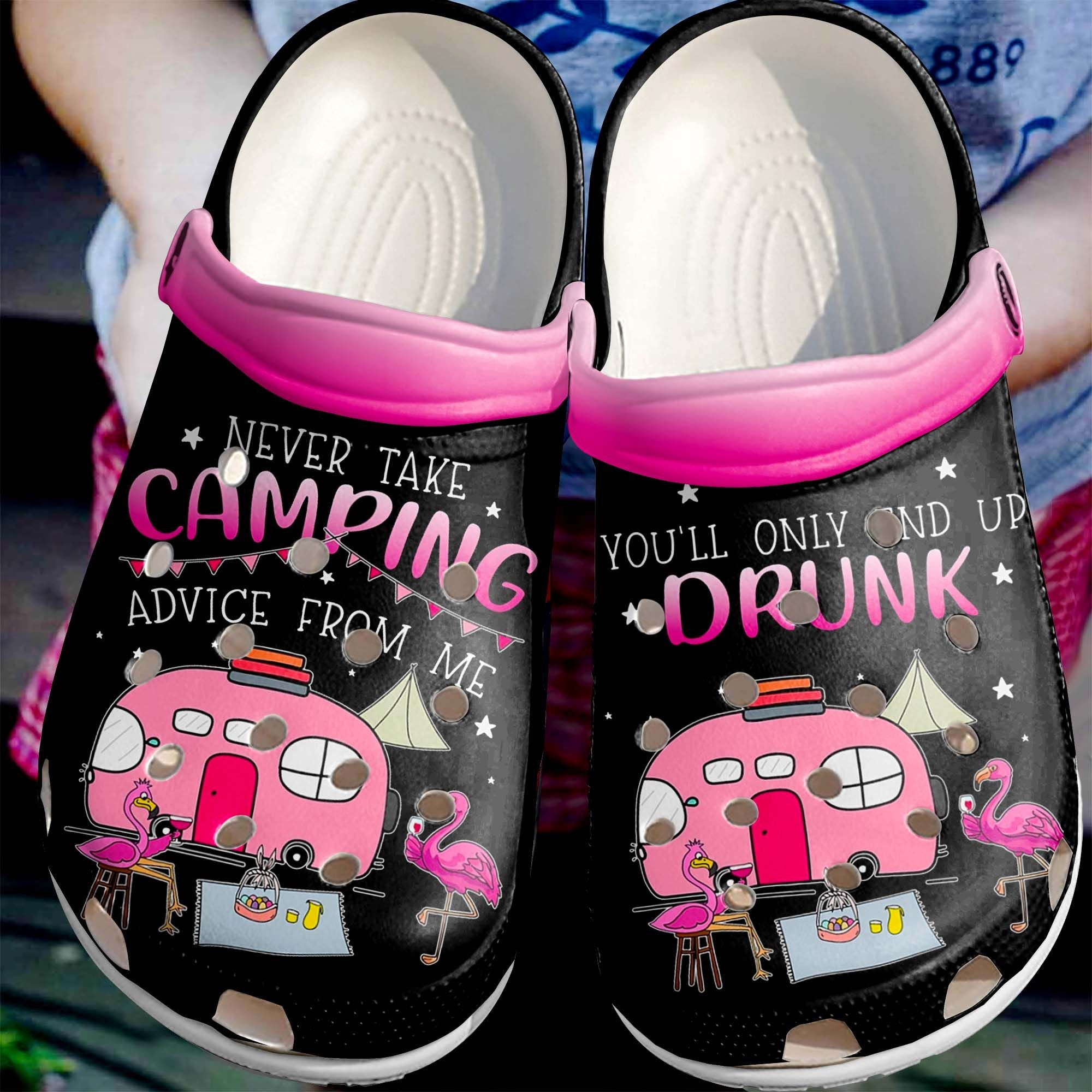 Camping Drunk With Flamingo Crocs Clog Shoes - Never Take Camping Advice From Me Custom Shoe Birthday Gift For Women Girl