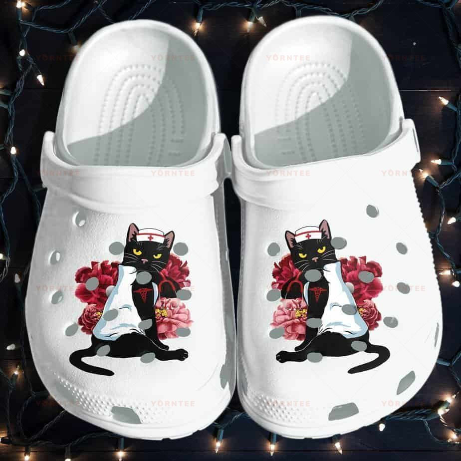 Black Cat Nurse Lover Flower Tattoo Gift For Lover Rubber clog Crocs Shoes