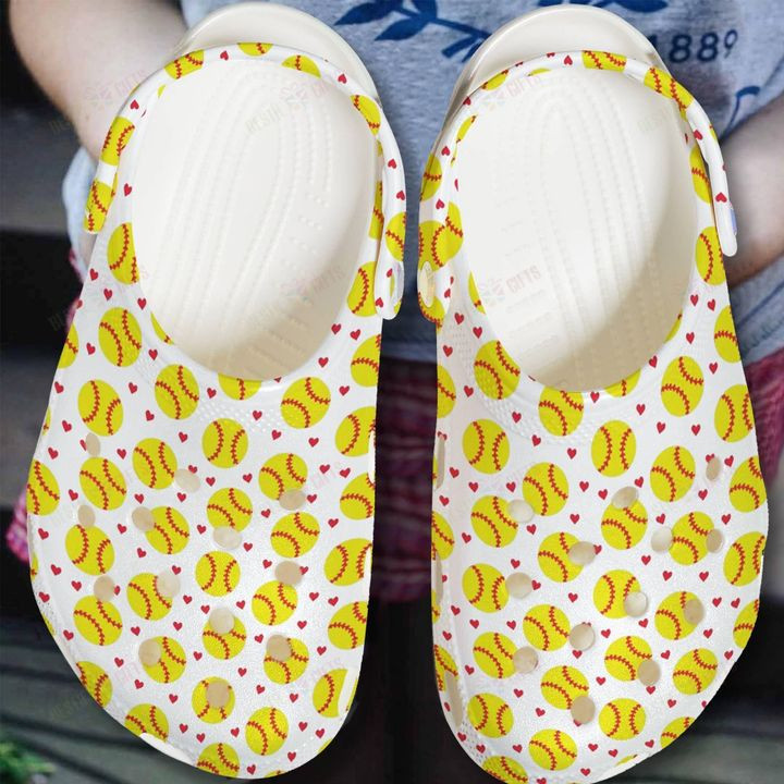 Softball White Sole Softball Heart Pattern Crocs Classic Clogs Shoes