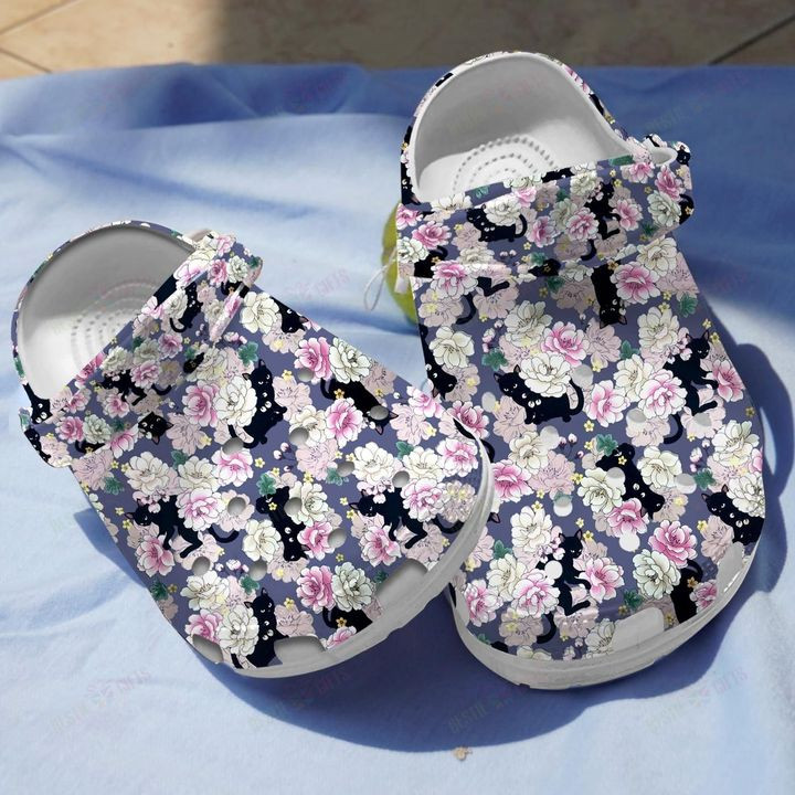 Floral Black Cat Crocs Classic Clogs Shoes